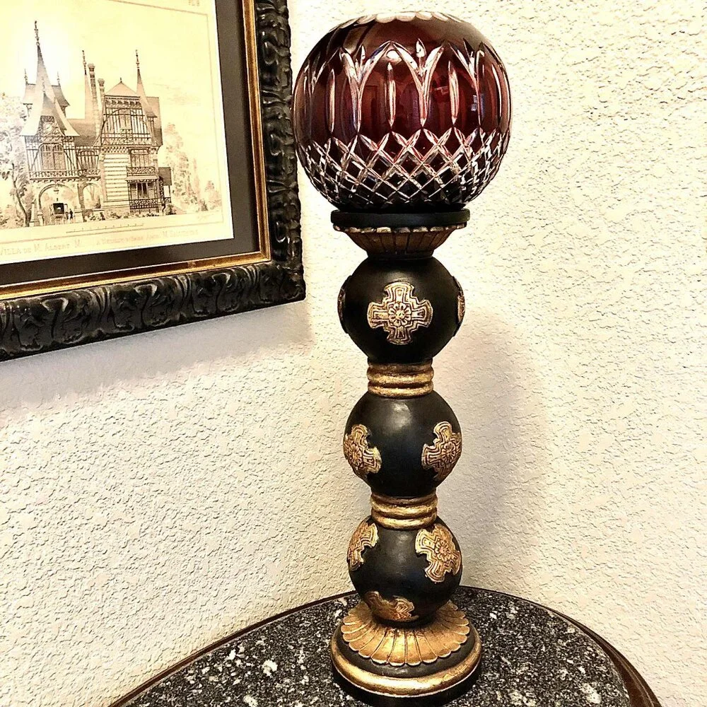 NWT STERLING INDUSTRIES Gothic Black Gilded Celtic Cross Pillar Candle Holder